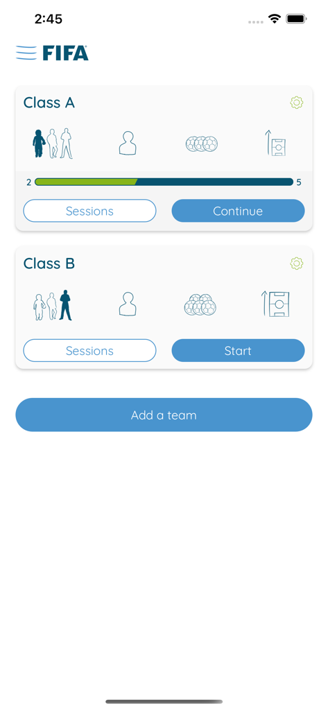 FIFA Football for Schools - FIFA Football for Schools app screen showing teacher management of multiple student classes and soccer sessions.