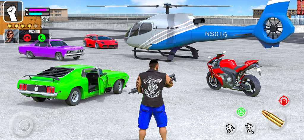 Life of Street Thugs - A character standing in an open world environment surrounded by a helicopter several sports cars and a motorcycle