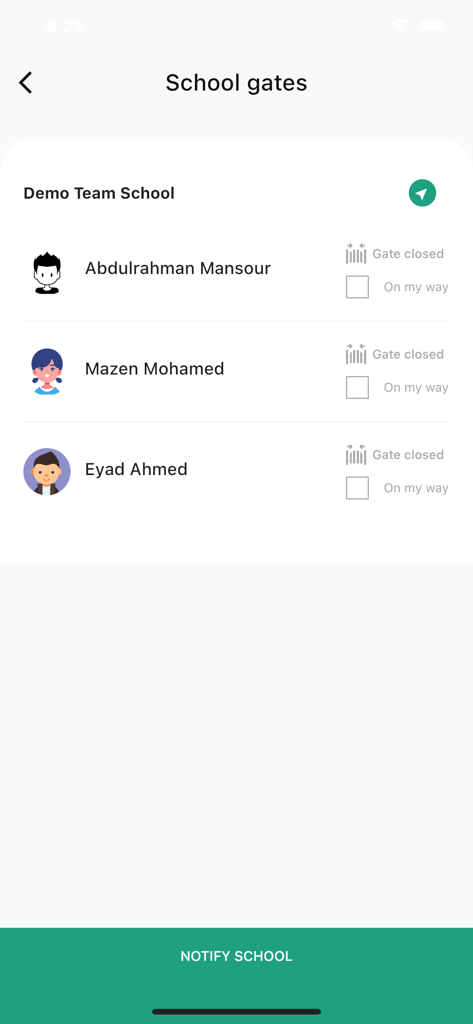 DirectSchool - Interface of DirectSchool app showing student dismissal status and a Notify School button for parents.