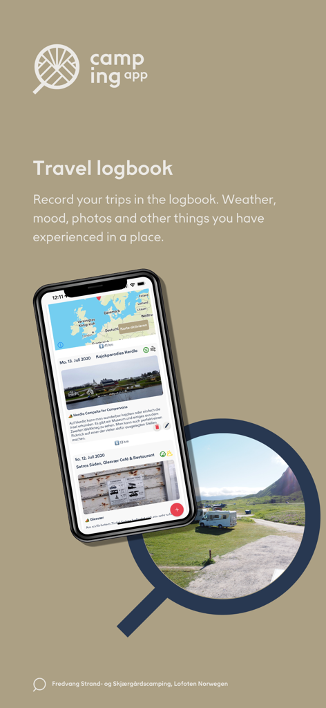 Camping App Eu interface showing the travel logbook feature with recorded trips and campsite photos for European travel