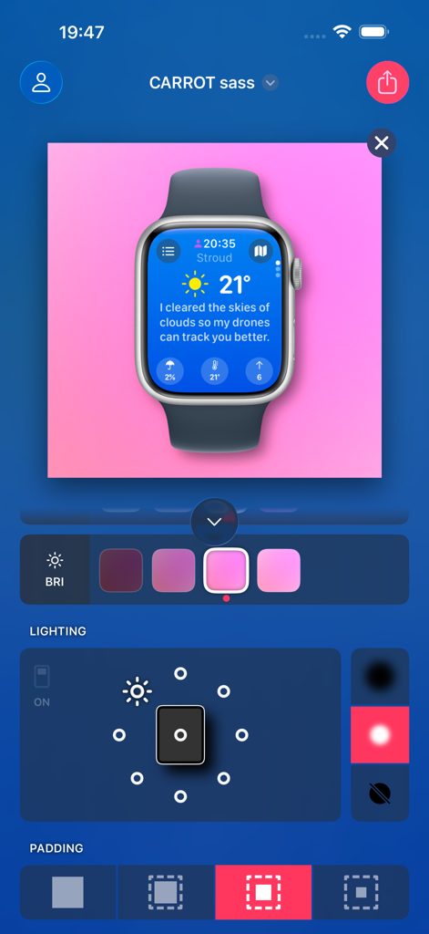 Frame Screenshots: Shareshot - Shareshot App-Oberfläche mit einem Apple Watch-Rahmen mit einem Wetter-App-Screenshot und Hintergrundbeleuchtungsreglern