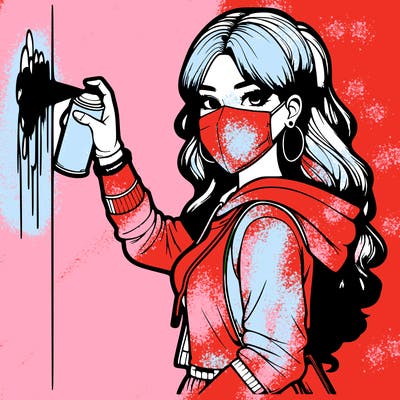 realistic girl with mask spray painting a wall