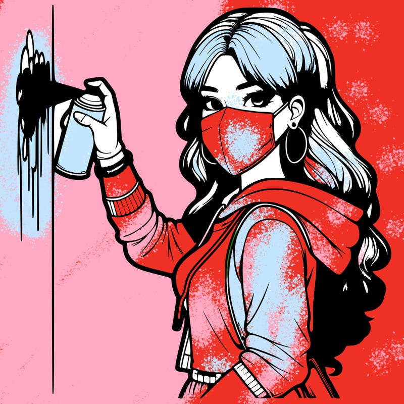 realistic girl with mask spray painting a wall