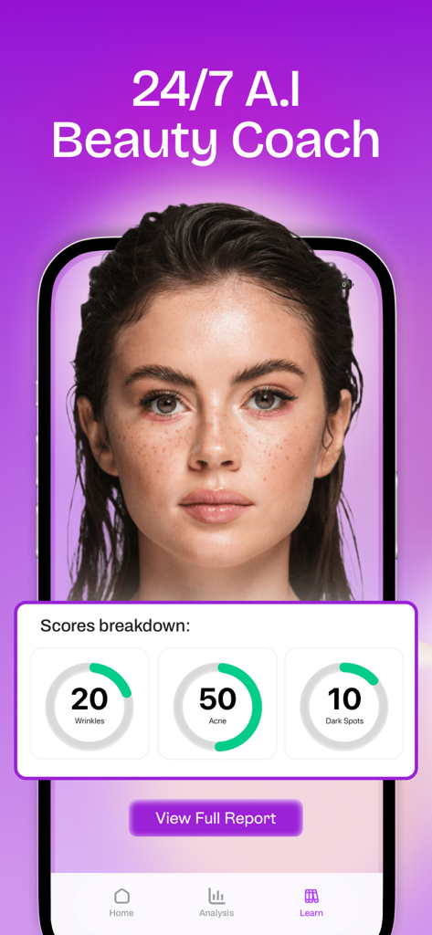 Glow Up & Skin Care AI: MAXX - AI beauty coach app showing skin score analysis for wrinkles acne and dark spots