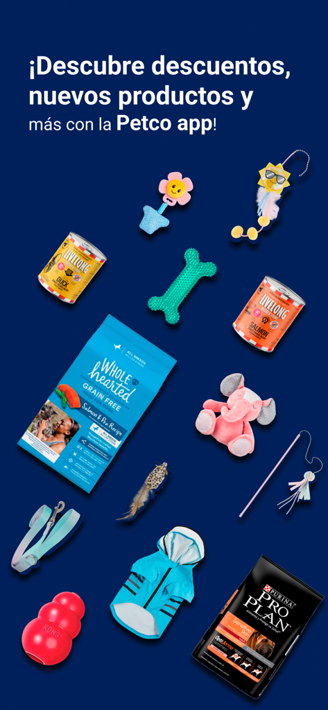 Petco México - Bannière promotionnelle pour l'application Petco Mexico affichant des jouets, de la nourriture pour chien et des vêtements pour animaux.