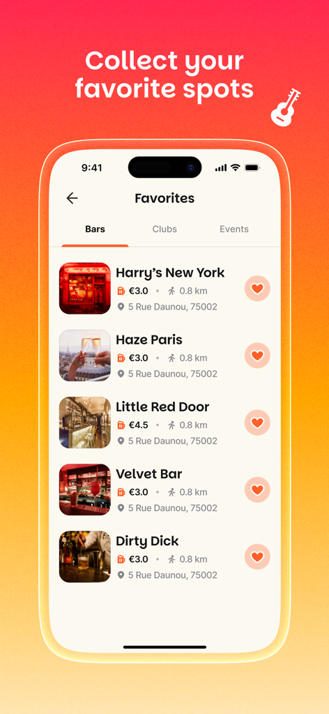 Seeker app favorites screen showing a list of bars in Paris with prices and distances
