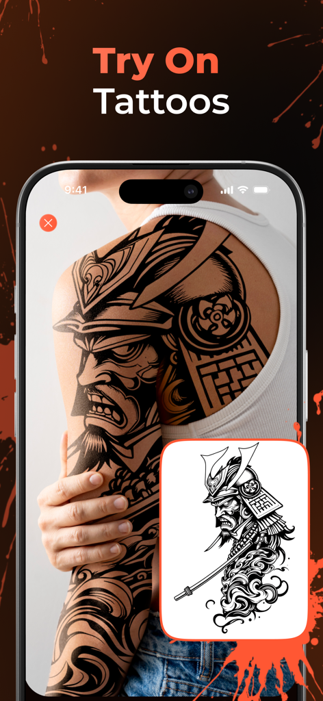 Aink - AI Tattoo Generator App - Aink app virtual try on feature showing a large samurai tattoo design on a shoulder and arm