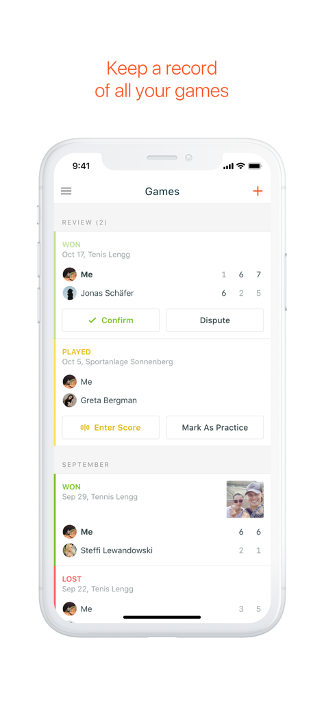 GotCourts app screen displaying a history of recorded tennis matches and scores
