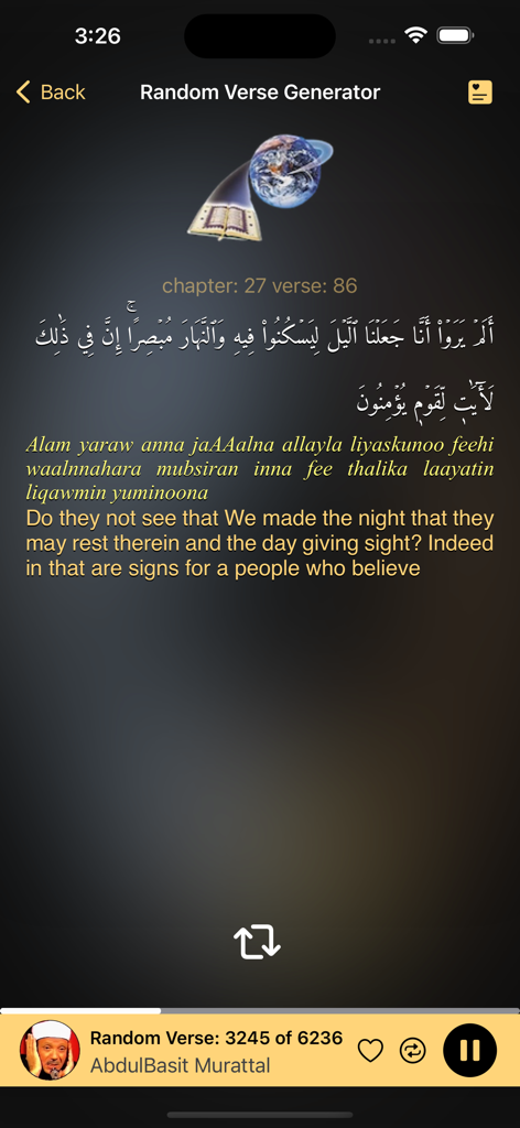 Random Quran Verse - Screenshot der Random Quran Verse App, die einen Vers auf Arabisch und Englisch mit Audiowiedergabesteuerungen anzeigt