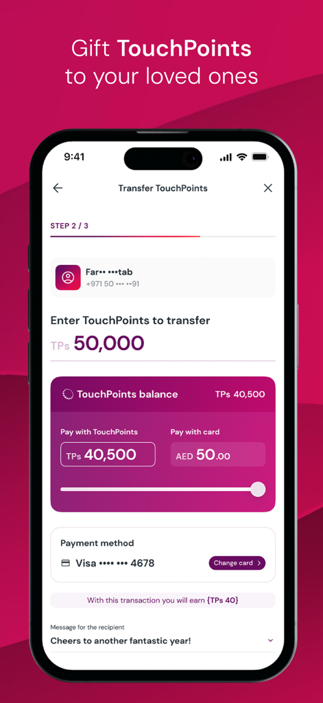 TouchPoints – Loyalty App - Interfaz de la aplicación TouchPoints que muestra un proceso paso a paso para regalar y transferir puntos de lealtad a un destinatario con una opción de pago dividido entre puntos y una tarjeta de crédito.