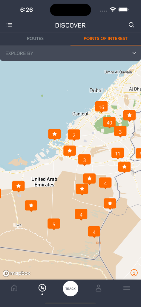 Ardhi - #MyLand أرضي - A map interface in the Ardhi app showing numerous orange points of interest markers across the United Arab Emirates for off-roading discovery.