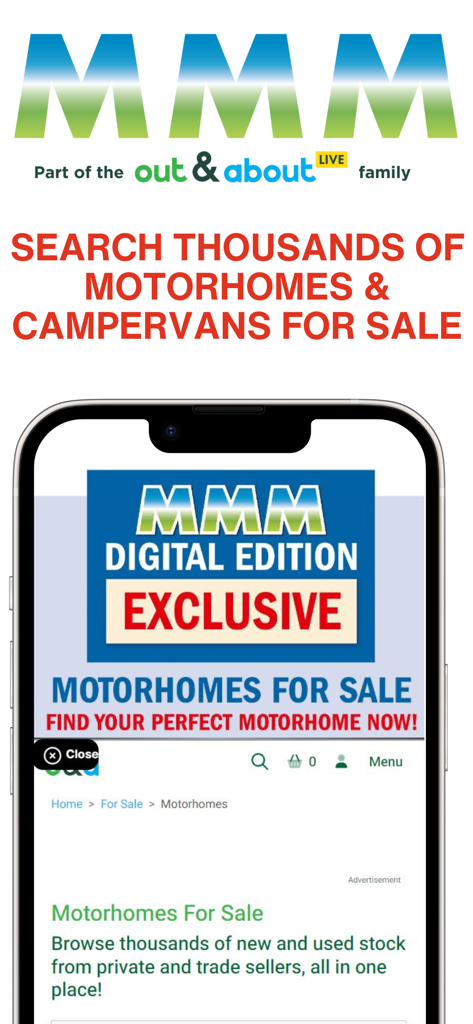 Pantalla de la aplicación de la revista MMM que muestra autocaravanas y furgonetas camper en venta
