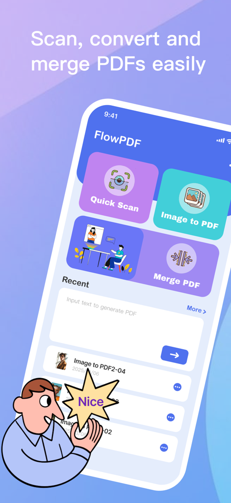 FlowPDFモバイルアプリのホーム画面。クイックスキャン画像からPDF、PDF結合機能が表示されています。