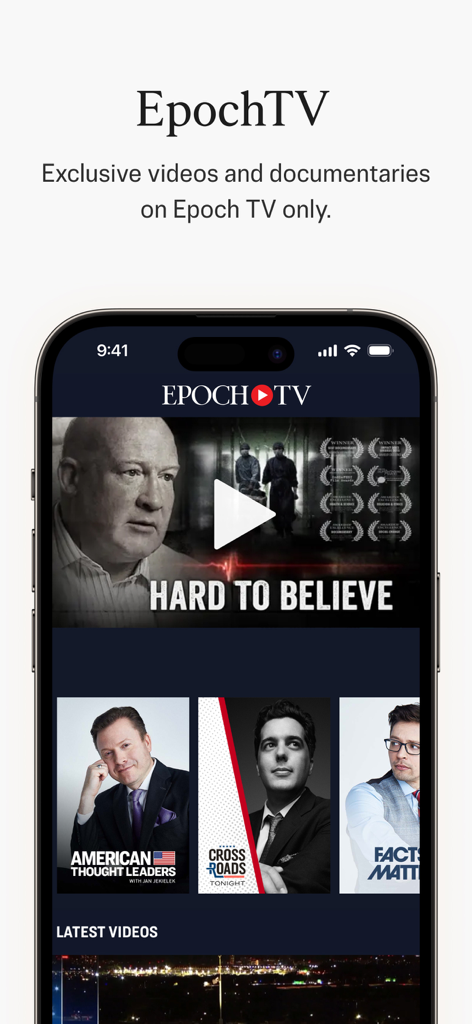 EpochTV section showing documentary videos and original shows like American Thought Leaders and Crossroads