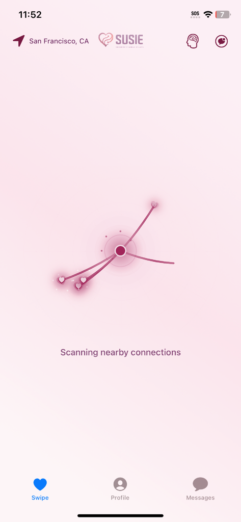 Susie Dating App - The Susie dating app interface showing a scanning screen for nearby connections with a pink network visualization