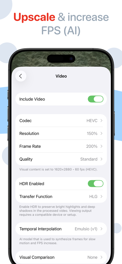 Video export settings for upscaling and increasing FPS using AI in the Emulsio 5 app