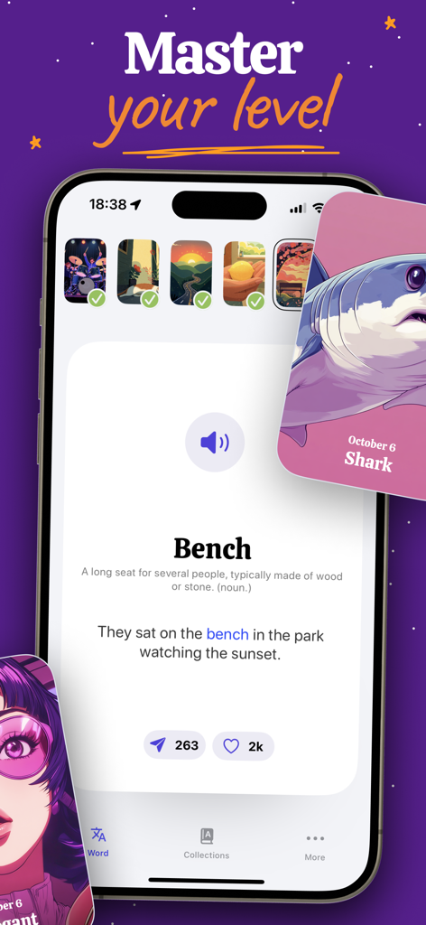 Word of the day - Words - Interface of Word of the Day app showing word definition with visual aids and audio pronunciation