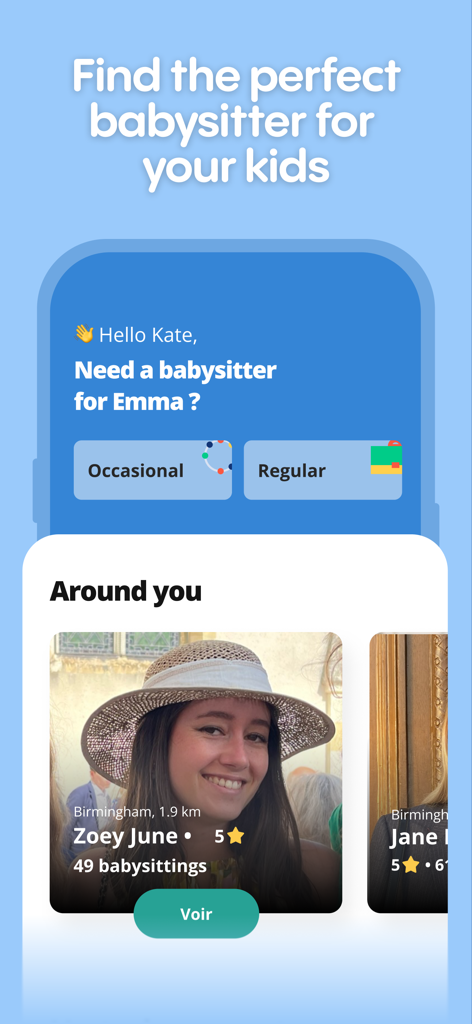 Baby Sittor - Interface of the Baby Sittor app showing a list of rated babysitters nearby.
