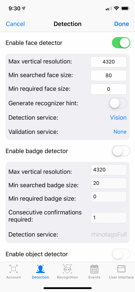 Detection settings screen in the SAFR Recognition app showing configuration options for face and badge detectors.
