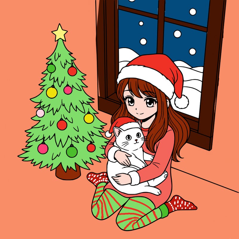 a girl wearing a santa claus hat is holding a cat in her arms, who is also wearing a santa claus hat. they are sitting near a christmas tree. there is a window next to the tree.