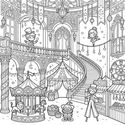 Immerse yourself in a spectacular coloring page where a majestic palace interior hosts a vibrant carnival. Discover charming performers, classic rides, and festive decorations waiting for your creative touch.