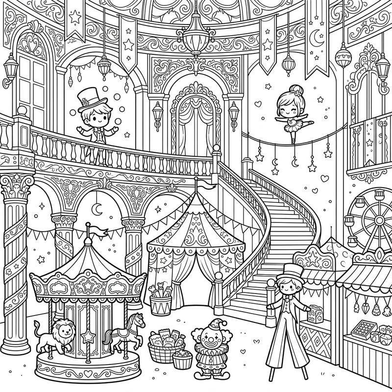 Immerse yourself in a spectacular coloring page where a majestic palace interior hosts a vibrant carnival. Discover charming performers, classic rides, and festive decorations waiting for your creative touch.