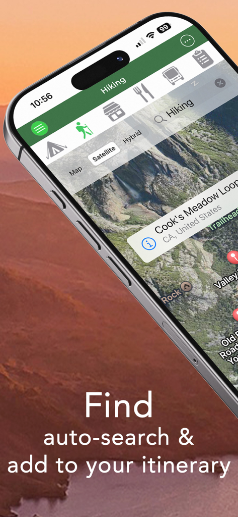 Pro Camping Planner app interface showing hiking trail search on a satellite map.