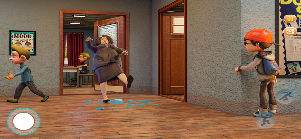 Evil Teacher 3D : Scary Game - A student hiding behind a wall while a scary teacher slips on a blue puddle in a hallway