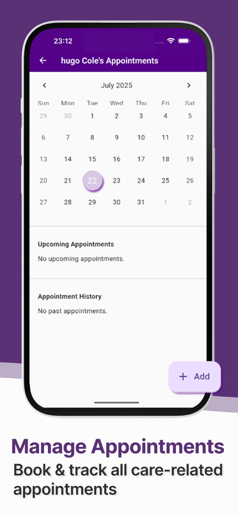 My Virtual Carer - Care App - Screenshot of the My Virtual Carer app showing the appointment management screen with a monthly calendar