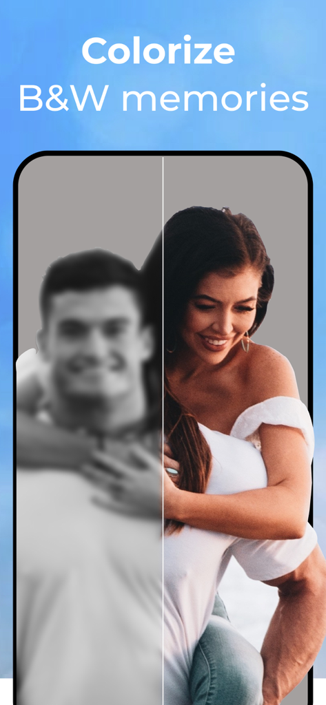 AI Enhancer: Enhance Photo App - Vista antes y después de una foto en blanco y negro coloreada y mejorada por IA