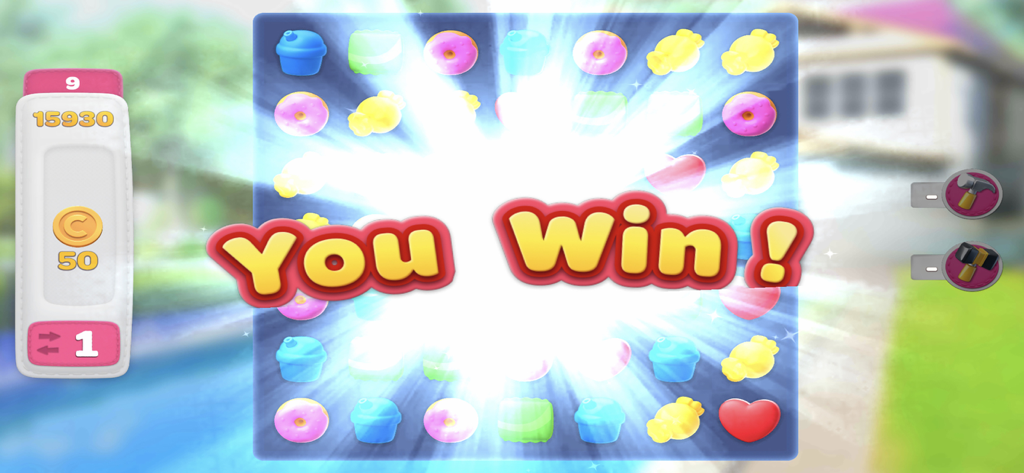 Home Decor - Interior Design - Victory screen of the match-3 puzzle game in Home Decor Interior Design showing a You Win message and game rewards.
