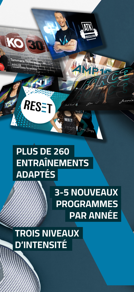 Capture d'écran de l'application Aktivation montrant divers programmes d'entraînement et fonctionnalités d'entraînement en français