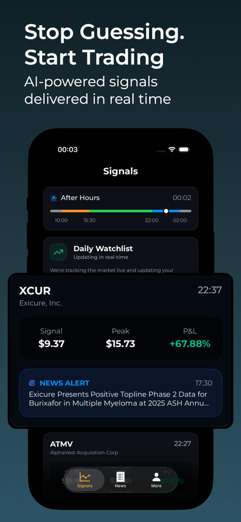 Stock Pulse app screenshot showing real-time AI trading signals with profit and loss data.