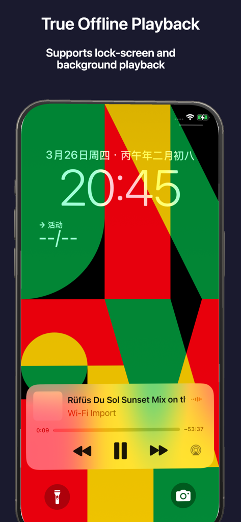 Music Player -Offline Playback - Music player app showing offline playback and controls on an iPhone lock screen