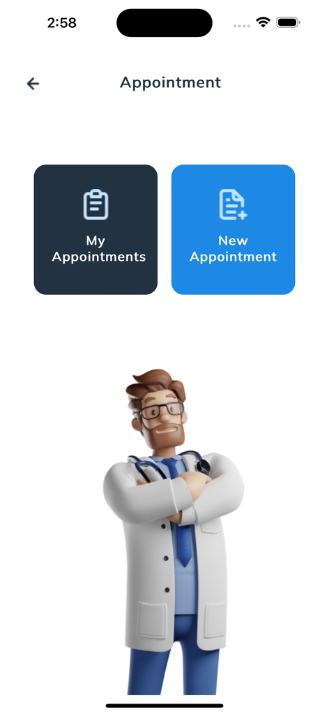 My Home Clinic app interface showing appointment management options and a 3D doctor illustration