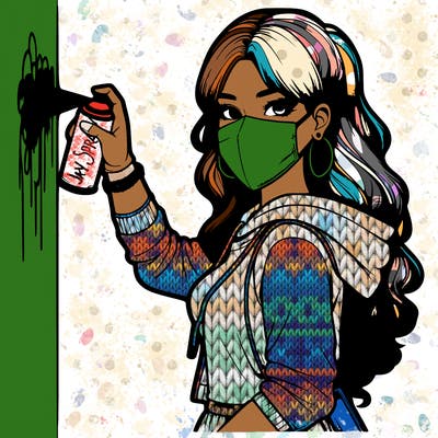 realistic girl with mask spray painting a wall