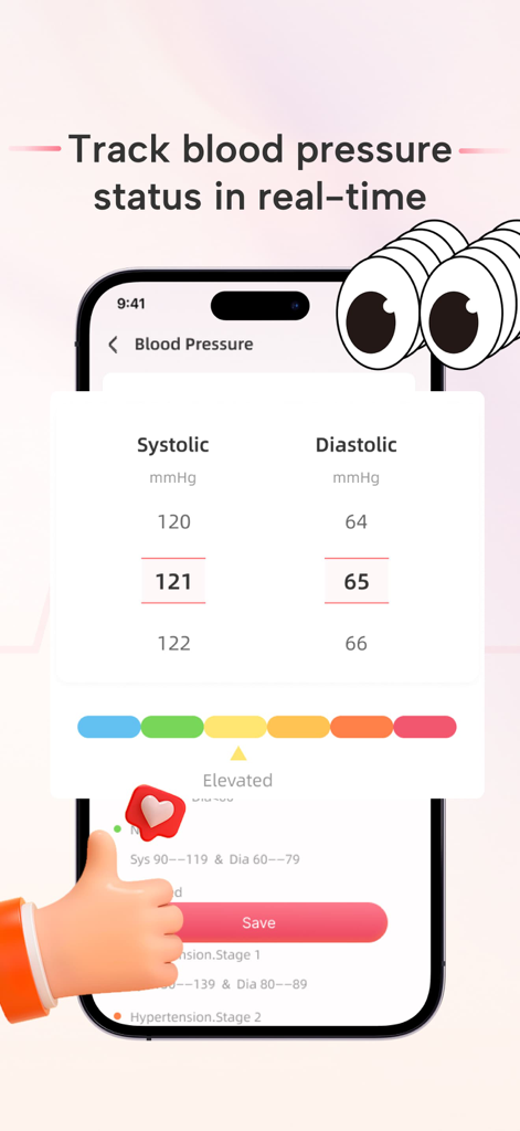 Health Mate Pro - Heart Rate - Pantalla móvil de Health Mate Pro que muestra el seguimiento de la presión arterial con lecturas sistólica y diastólica