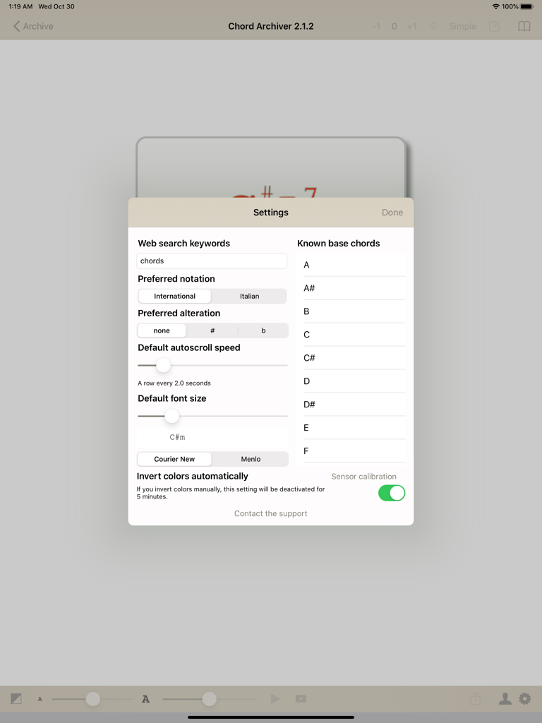 Chord Archiver - Settings menu of the Chord Archiver iPad app showing options for autoscroll speed font size and chord notation