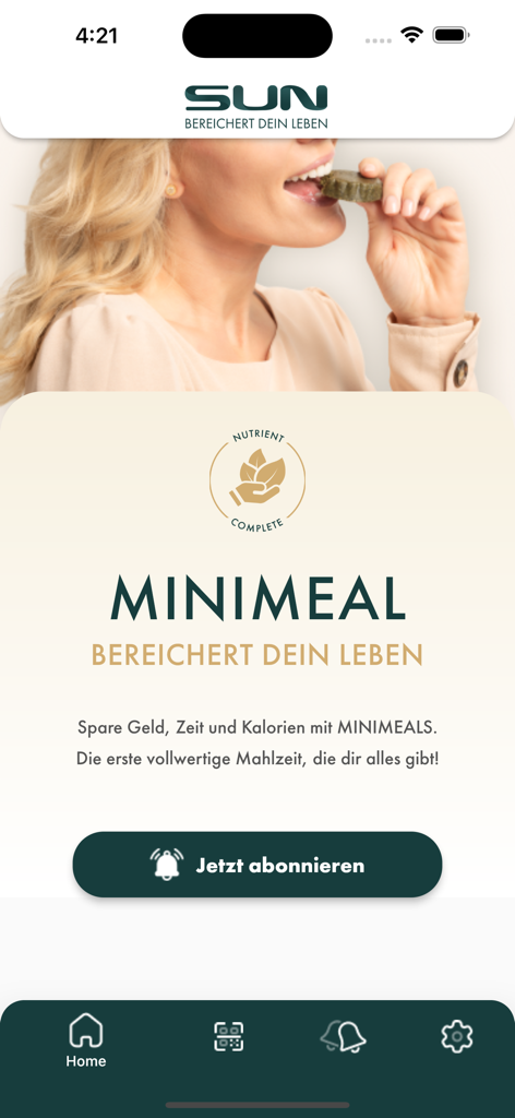 SUN APP (REWARDS) - The home screen of the Sun Rewards app featuring a woman eating a Minimeal and a call to action button.