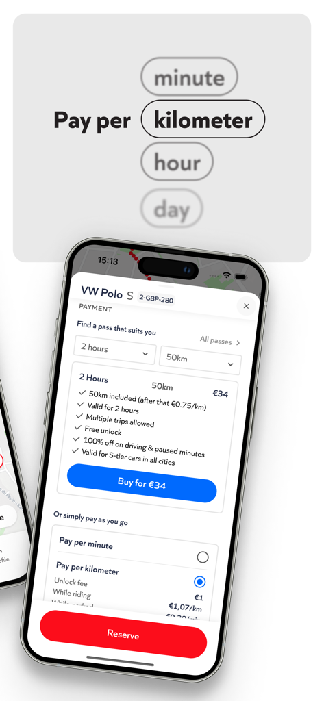 Poppy car sharing app screen showing flexible payment options including pay per minute kilometer hour and day