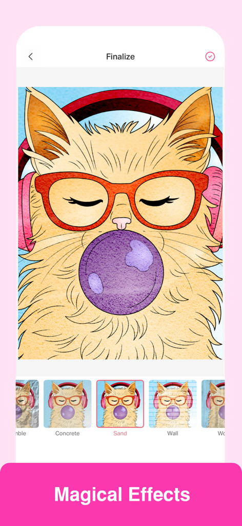 A coloring page of a cat with headphones and glasses being edited with magical texture effects in the Colorgram app.