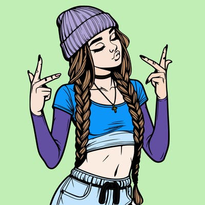 realistic teenage girl with braids and a beanie and crop top doing 🫶🏼