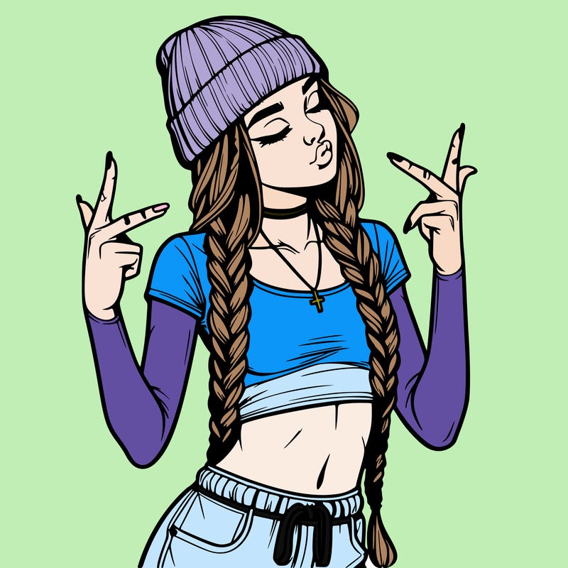 realistic teenage girl with braids and a beanie and crop top doing 🫶🏼
