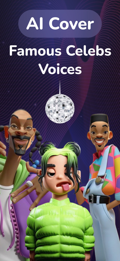 AI Cover - AI Song Generator - Promotional screen for AI Cover app showing cartoon avatars of famous celebrities and singers under a disco ball
