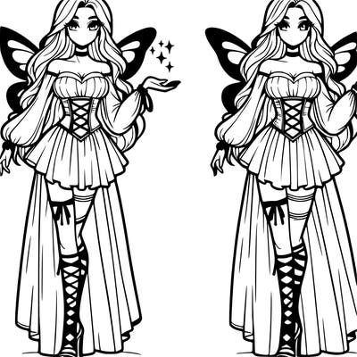 tall realistic woman with long hair, corset with long pofy sleeves, a skirt, gladiator sandals, and butterfly wings with magic sparkles in her hands