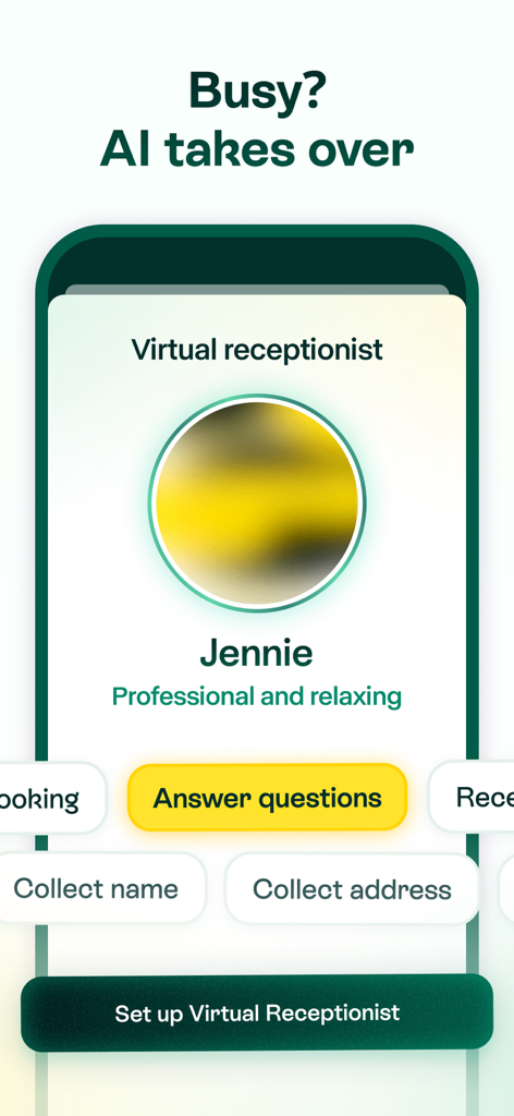 Interfaz de la aplicación Allo para configurar un recepcionista virtual con IA para gestionar llamadas