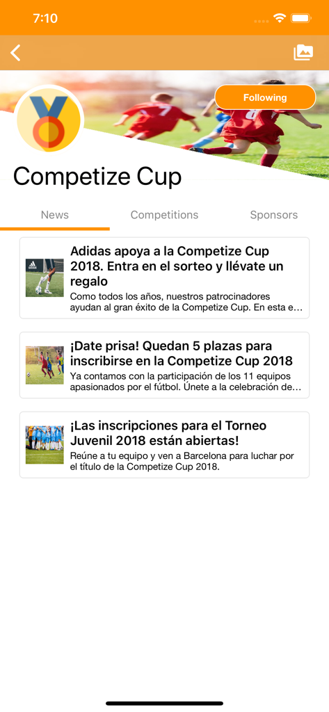 Competize Tournaments, Leagues - Interfaz de feed de noticias de la aplicación Competize que muestra actualizaciones del torneo e información de registro