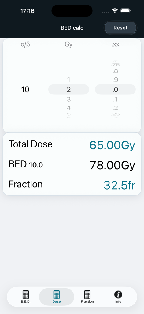 BED Calculator : Radiotherapy - A dose calculation screen in the BED Calculator Radiotherapy mobile app showing total dose and BED results
