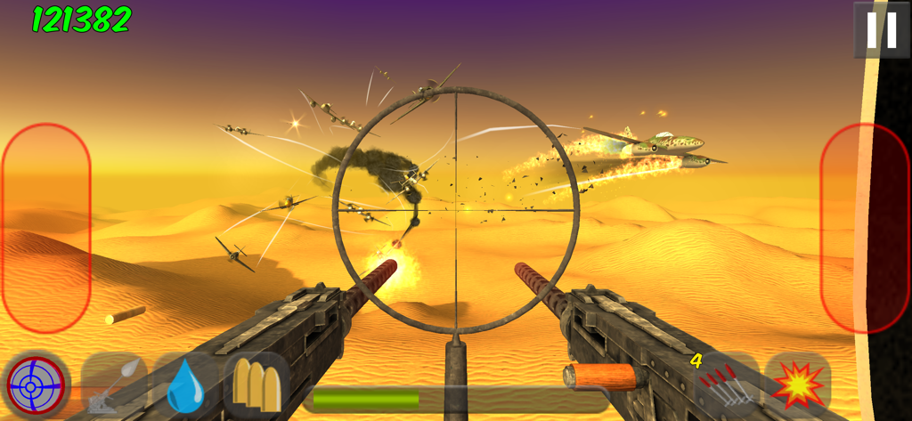 First-person gameplay of a tail gunner shooting down Axis fighter planes over a desert landscape.