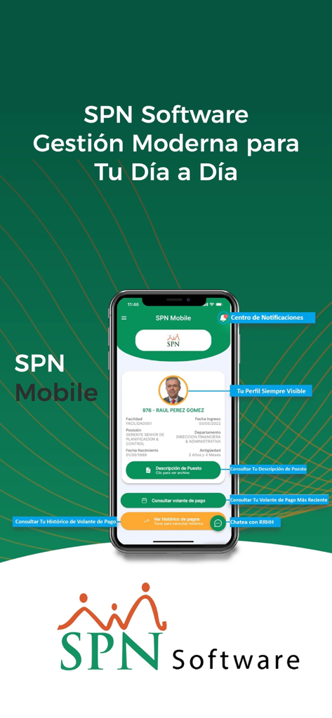 SPN Software - Panel de la aplicación móvil SPN Software que muestra el perfil del empleado y funciones de gestión de nómina en español